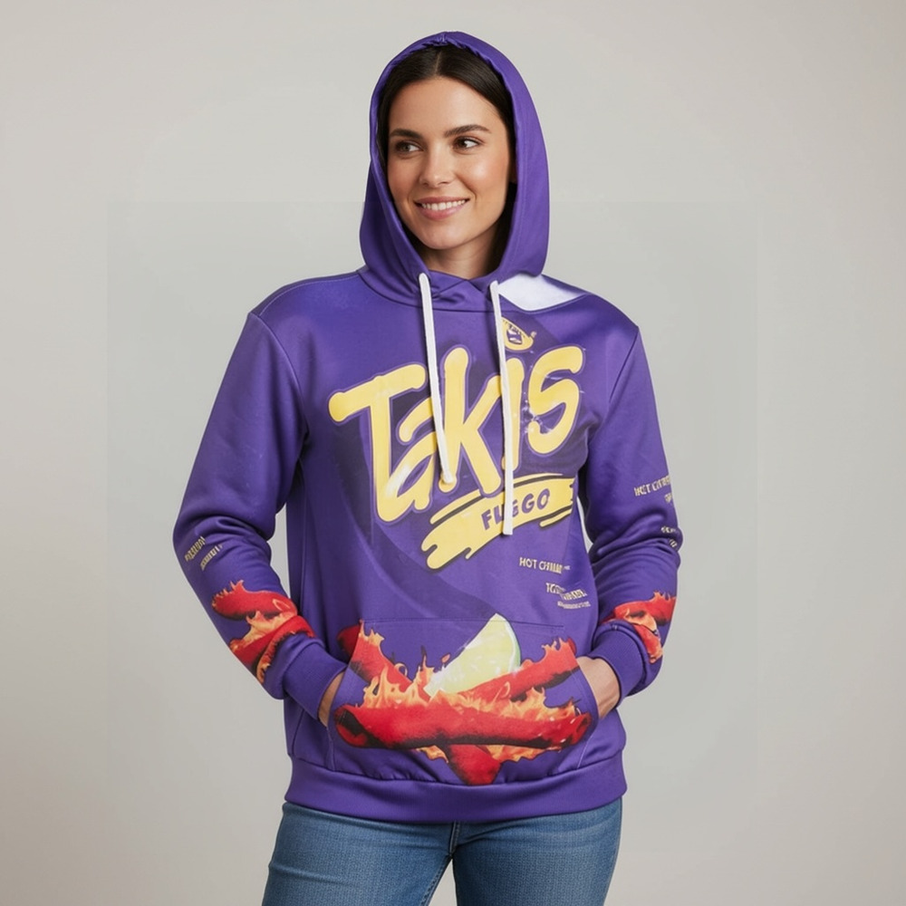 TAKIS Fuego Purple Pullover Hoodie Graphic Printed Hooded Sweatshirt Size, M